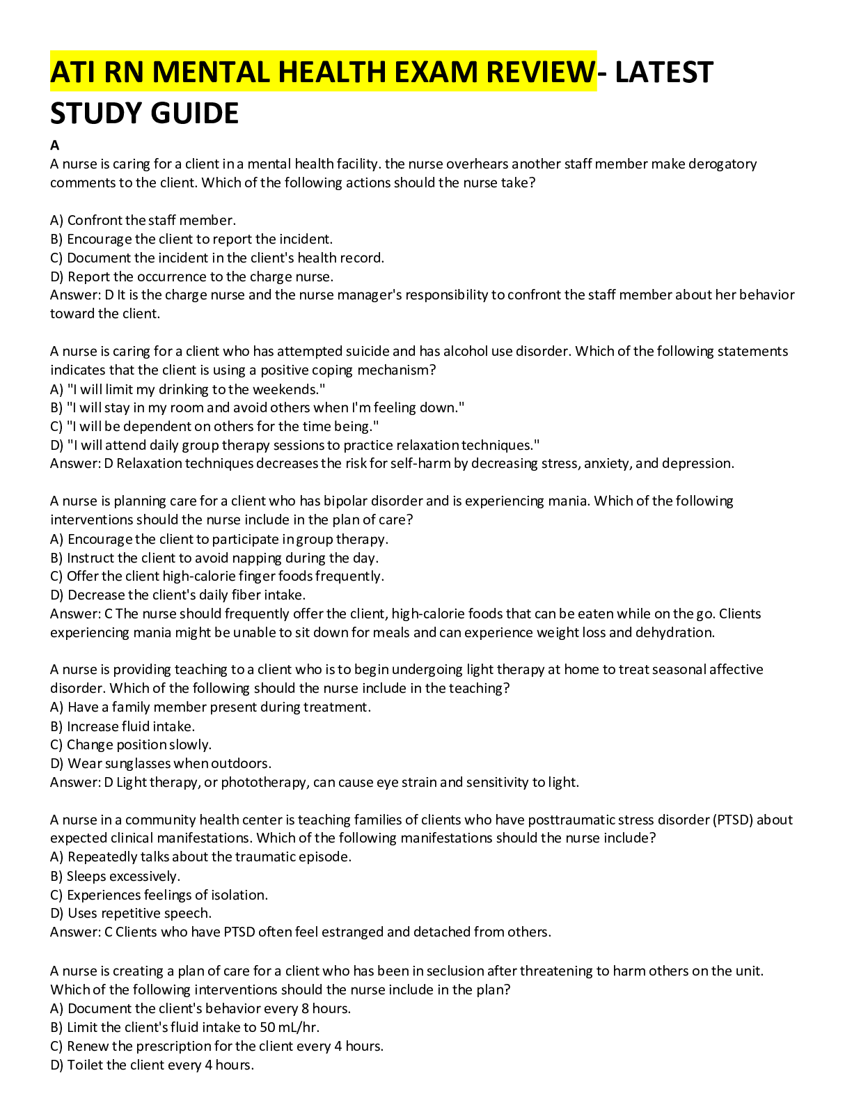 Med Surg Exam 3 Complete study guide Chamberlain college of Nursing